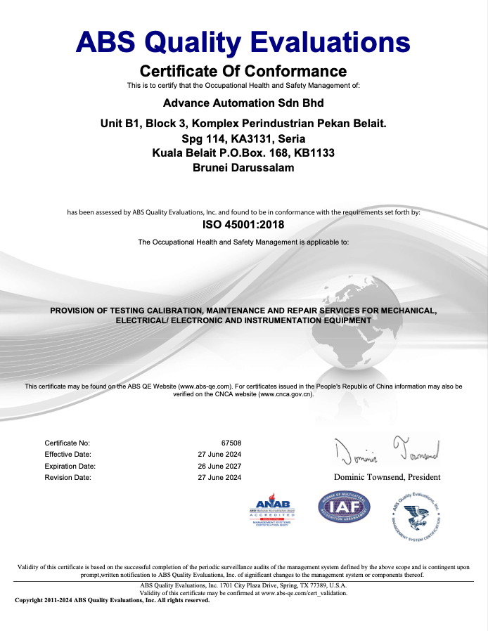 ABS Quality Evaluations certificate of conformance ISO 45001:2018 - Advance Automation Sdn Bhd