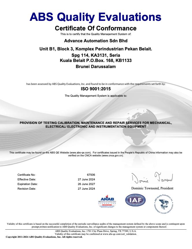 ABS Quality Evaluations certificate of conformance ISO 9001:2015 - Advance Automation Sdn Bhd
